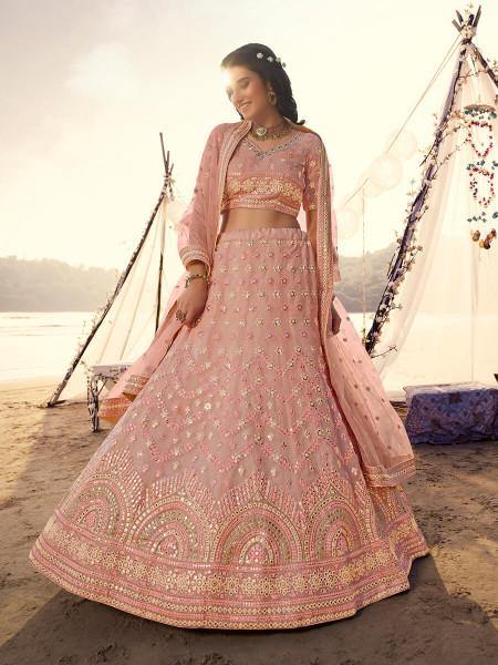 Peach Embroidered Organza Lehenga