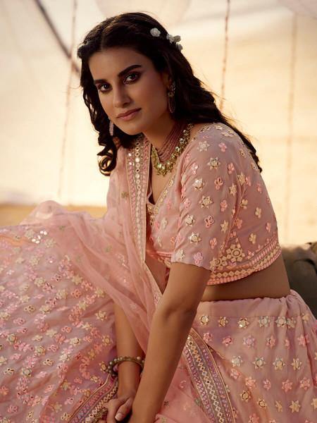 Peach Embroidered Organza Lehenga