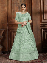 Pista Green Soft Net Heavy Embroidered Lehenga