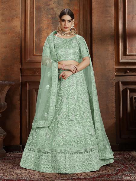 Pista Green Soft Net Heavy Embroidered Lehenga