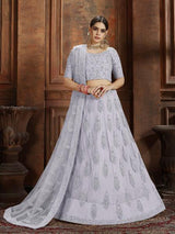 Grey Soft Net Heavy Embroidered Lehenga