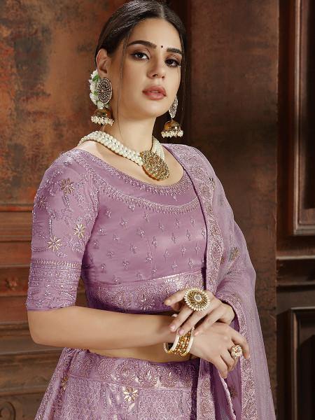 Purple Soft Net Heavy Embroidered Lehenga