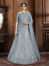 Sky Blue Soft Net Heavy Embroidered Lehenga