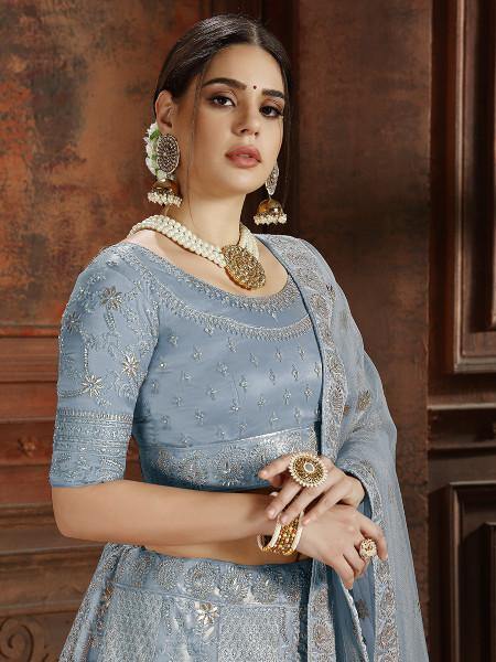 Sky Blue Soft Net Heavy Embroidered Lehenga