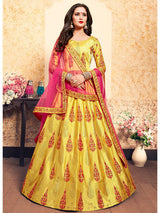 Yellow Satin Embroidered Lehenga