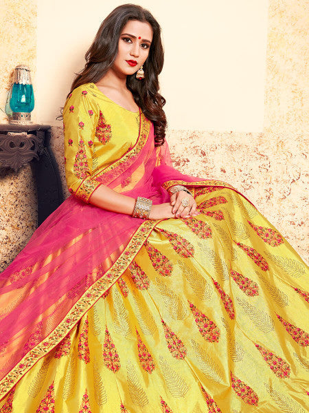 Yellow Satin Embroidered Lehenga