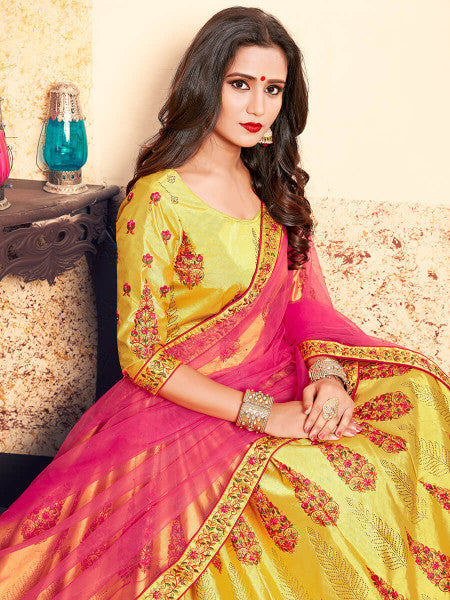 Yellow Satin Embroidered Lehenga