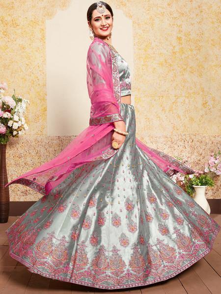 Grey Satin Embroidered Lehenga