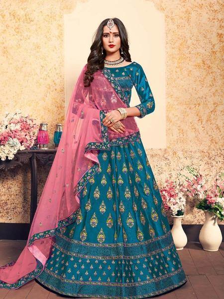 Sky Blue Satin Embroidered Lehenga