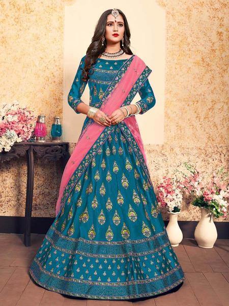 Sky Blue Satin Embroidered Lehenga