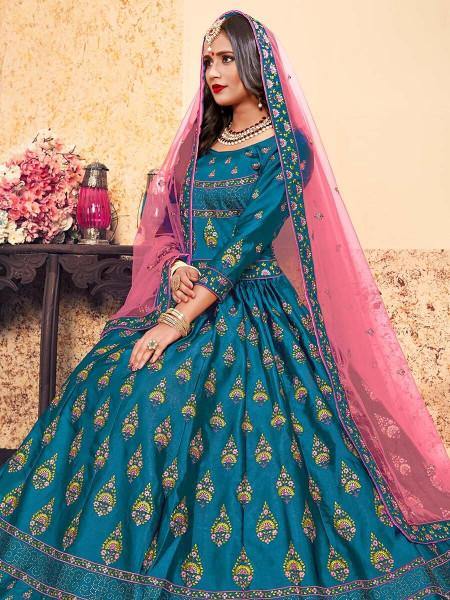 Sky Blue Satin Embroidered Lehenga