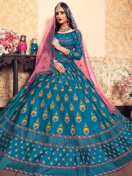 Sky Blue Satin Embroidered Lehenga