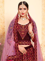 Maroon Satin Embroidered Lehenga