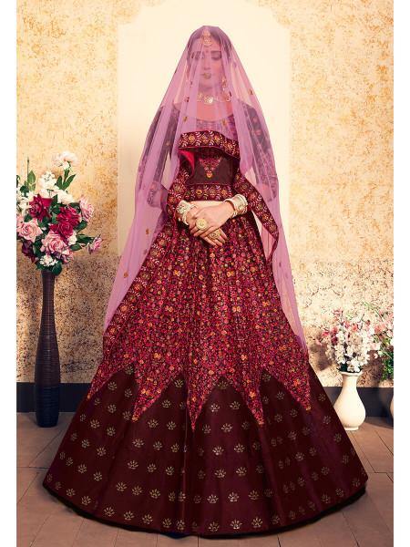 Maroon Satin Embroidered Lehenga