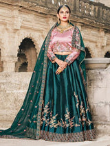 Green Satin Embroidered Lehenga