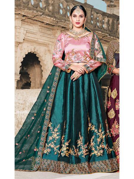 Green Satin Embroidered Lehenga