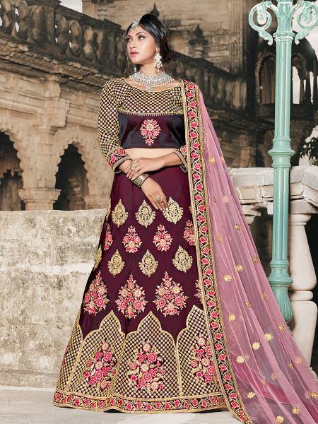 Wine Taffeta Embroidered Lehenga