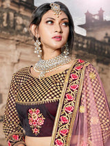 Wine Taffeta Embroidered Lehenga