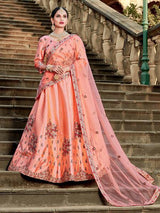 Peach Satin Embroidered Lehenga