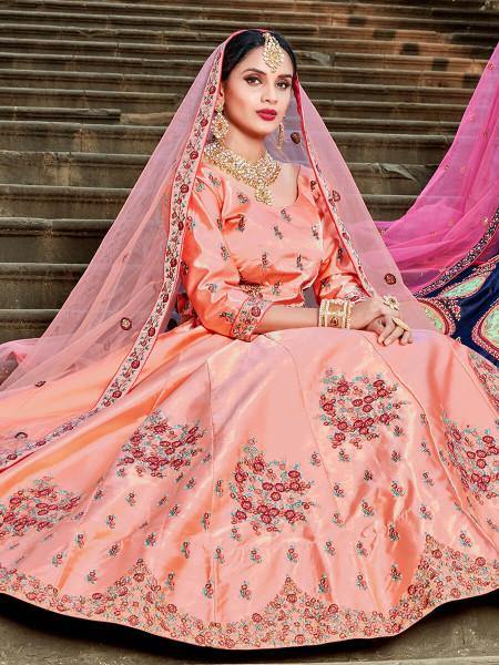 Peach Satin Embroidered Lehenga