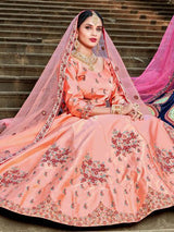 Peach Satin Embroidered Lehenga