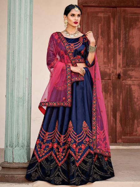 Navy Blue Satin Embroidered Lehenga