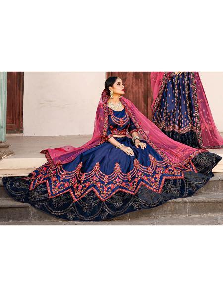 Navy Blue Satin Embroidered Lehenga