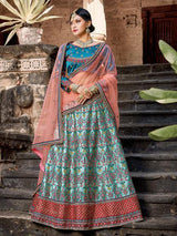 Skyblue Satin Embroidered Lehenga