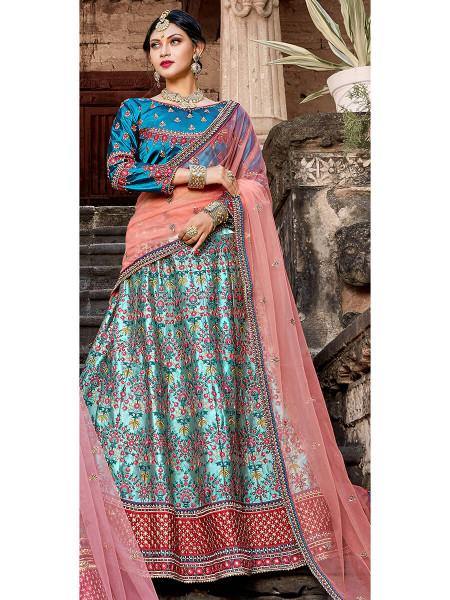 Skyblue Satin Embroidered Lehenga