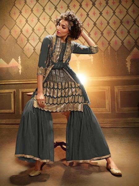 Grey Soft Net Gharara Suit