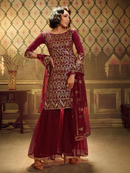 Maroon Soft Net Gharara Suit