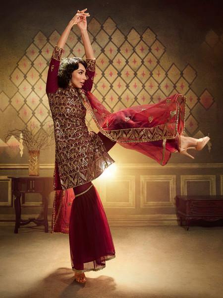 Maroon Soft Net Gharara Suit