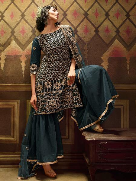 Rama Green Soft Net Gharara Suit