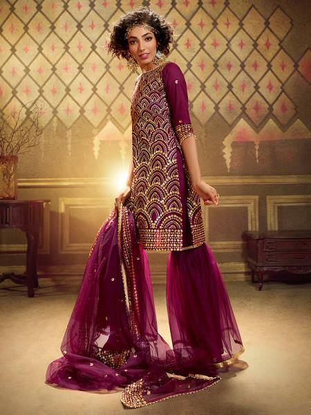 Wine Soft Net Gharara Suit