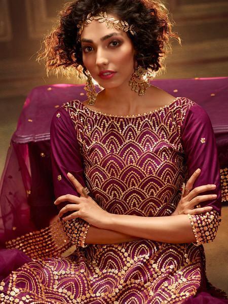 Wine Soft Net Gharara Suit