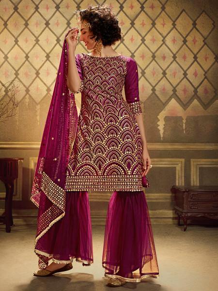 Wine Soft Net Gharara Suit