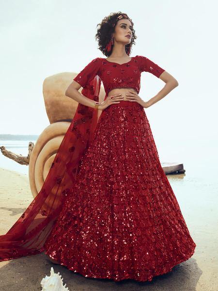 Red Embroidered Net Lehenga