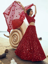 Red Embroidered Net Lehenga