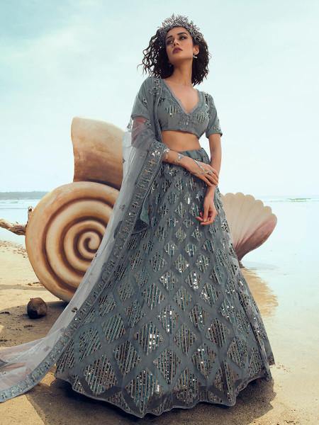 Grey Embroidered Net Lehenga