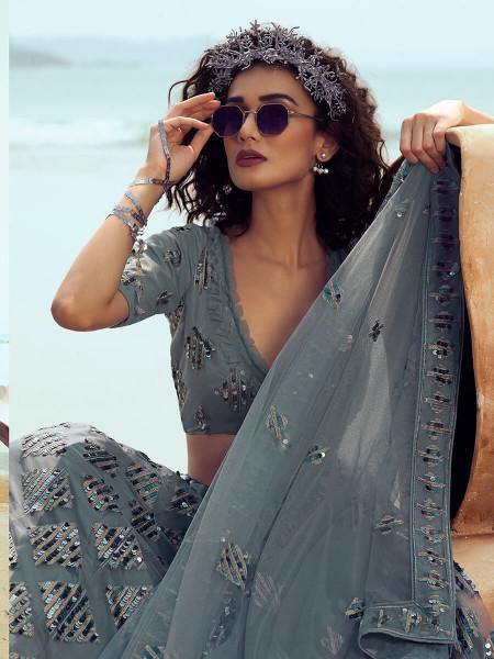 Grey Embroidered Net Lehenga