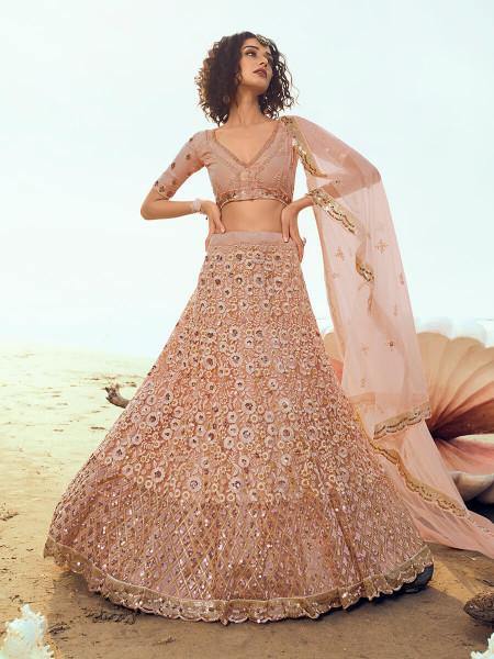 Peach Embroidered Net Lehenga