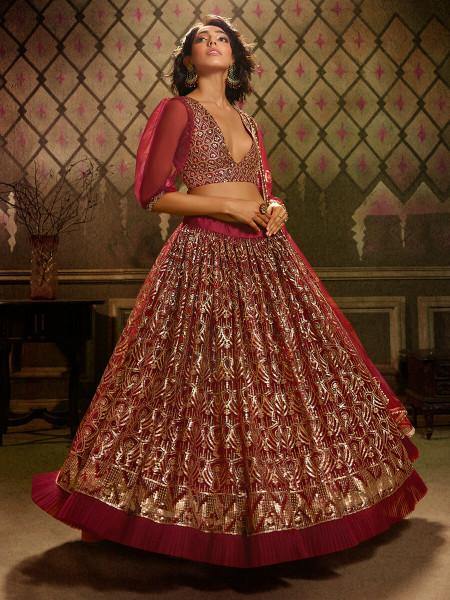 Maroon Embroidered Net Lehenga