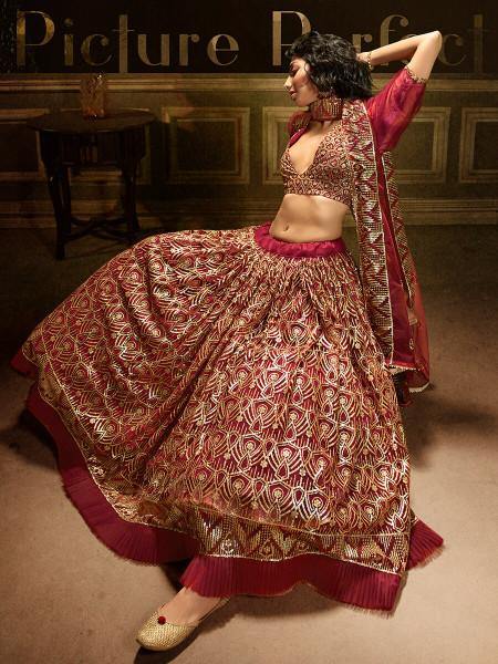 Maroon Embroidered Net Lehenga