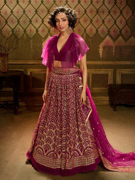 Wine Embroidered Net Lehenga