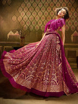 Wine Embroidered Net Lehenga