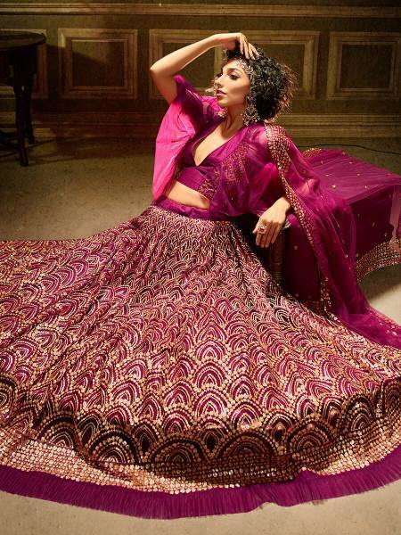 Wine Embroidered Net Lehenga