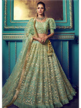 Green Heavy Embroidered Net Lehenga