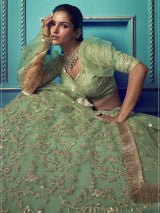 Green Heavy Embroidered Net Lehenga