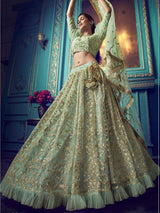 Green Heavy Embroidered Net Lehenga