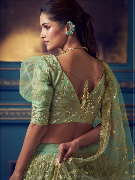 Green Heavy Embroidered Net Lehenga